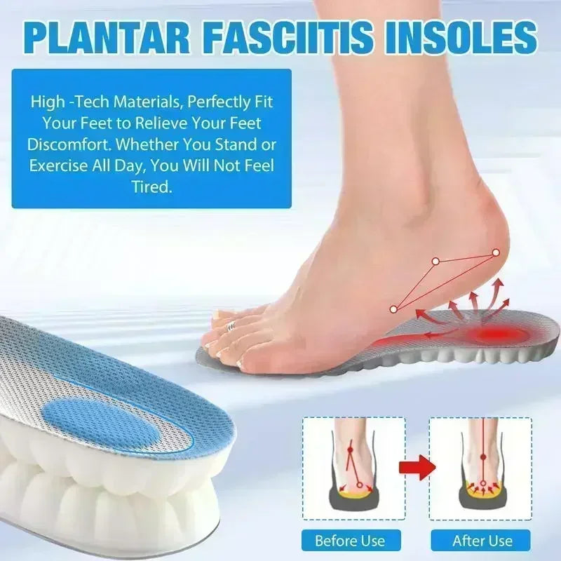 Plantar fasciitis insoles with a foot wearing them, showing relief from discomfort.