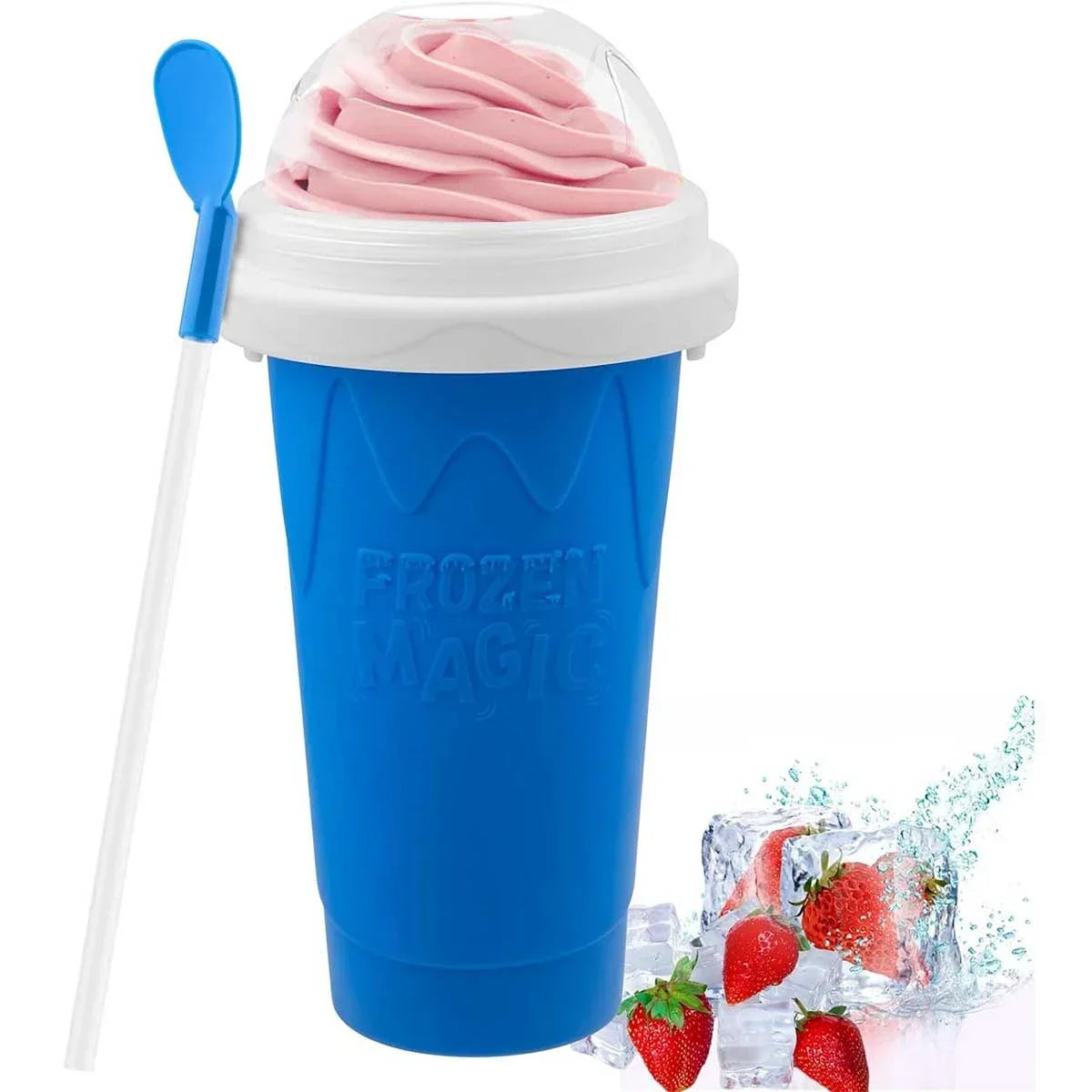 Blue slushie maker with pink slushy, strawberries, and ice cubes on a white background