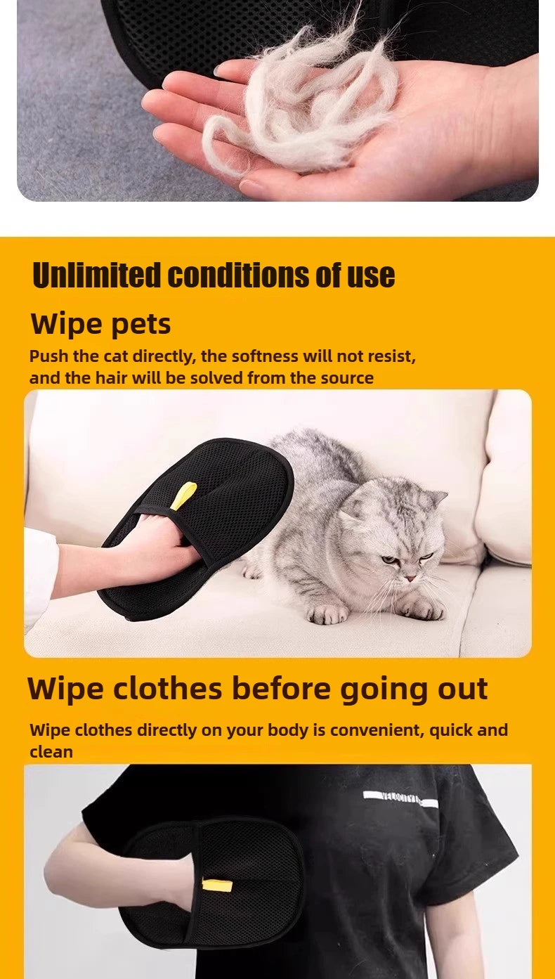Product advertisement showing a black pet grooming tool with text about its use on pets and clothes.