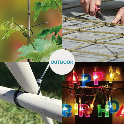 Collage of outdoor activities including gardening, stringing lights, and festive decorations.