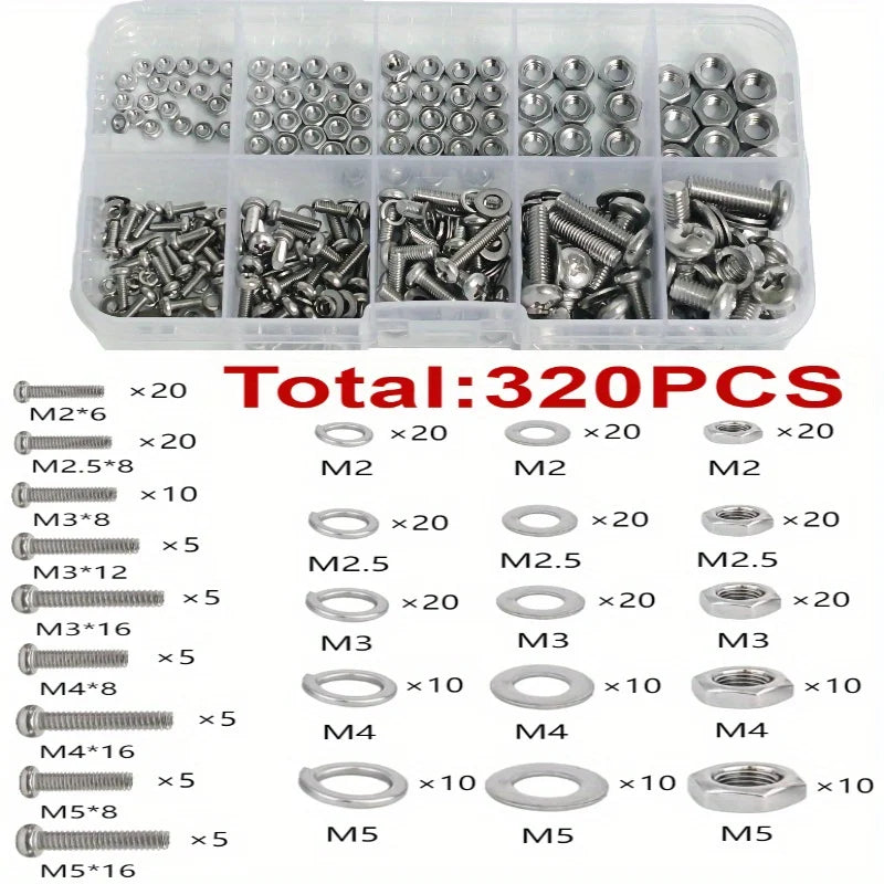 Assorted metal screws and nuts set in a clear container with quantity details.