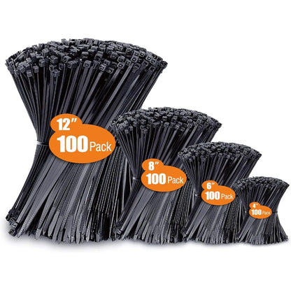 Four bundles of black zip ties in different sizes (12 inches, 8 inches, 6 inches, and 4 inches) arranged in a fan shape on a white background, each with an orange circular label indicating '12" 100 Pack', '8" 100 Pack', '6" 100 Pack', and '4" 100 Pack'.