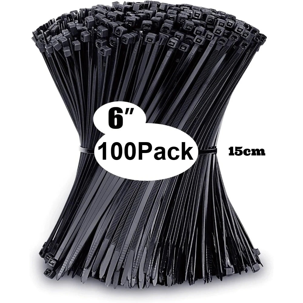 Pack of black cable ties with a label indicating size and quantity on a white background