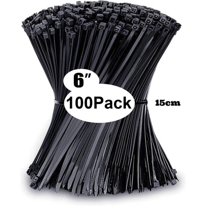 Pack of black cable ties with a label indicating size and quantity on a white background