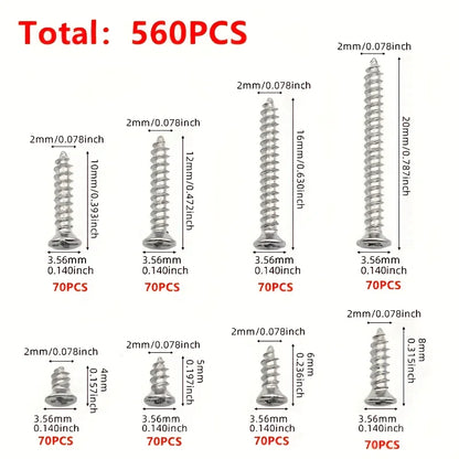 Set of screws with dimensions and quantity labels on a white background