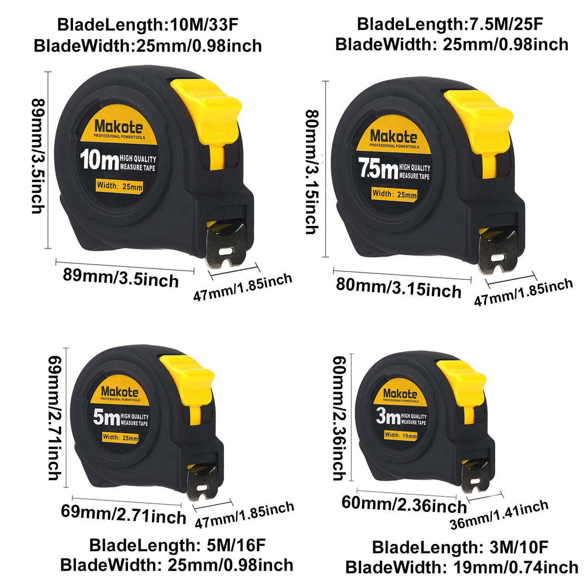 Four Makate tape measures with different blade lengths and widths on a white background.