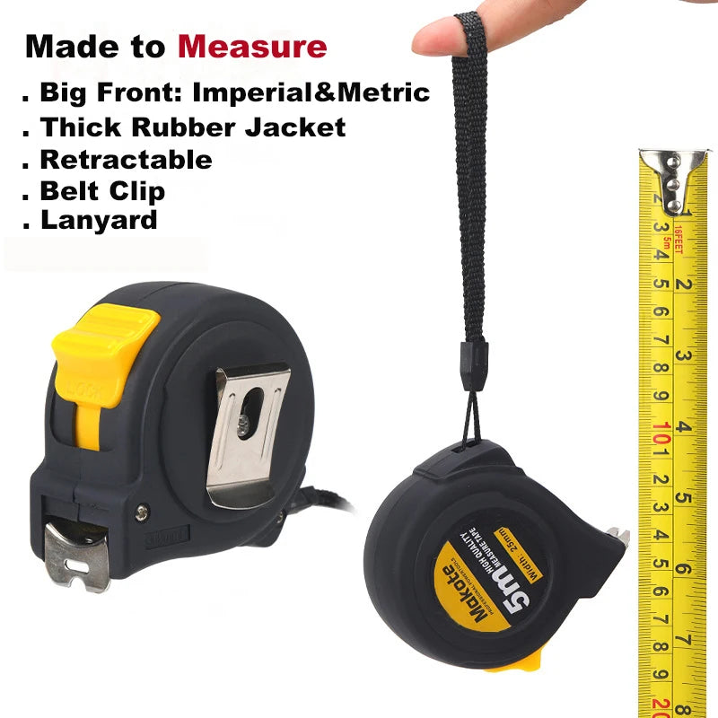 Retractable measuring tape with black and yellow design, held by a hand, on a white background.