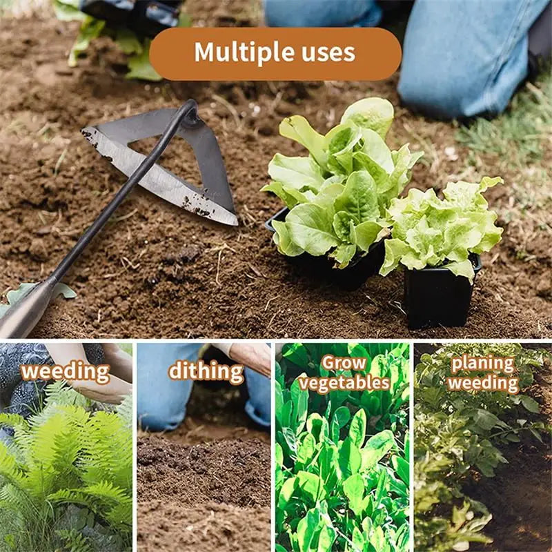 Gardening tool being used to weed, dith, and plant vegetables with text indicating multiple uses.
