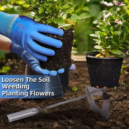 Person holding a potted plant with gardening tools and text on soil care.