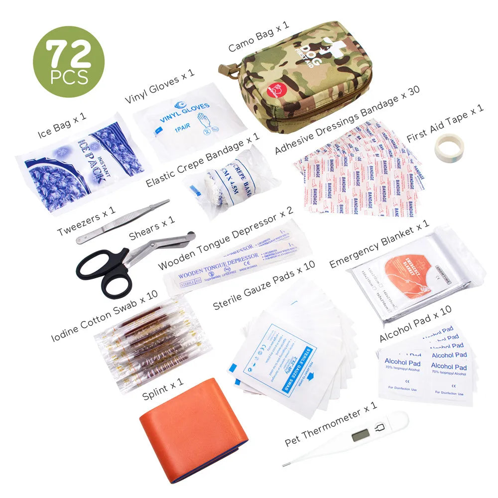 Be prepared for any emergency with our 72pcs Dog Emergency Rescue First Aid Kit! This comprehensive kit includes everything you need to tend to your furry friend in a time of need. From bandages and gauze to tweezers and gloves, this kit has got you covered. Keep your dog safe and healthy with our first aid kit.
