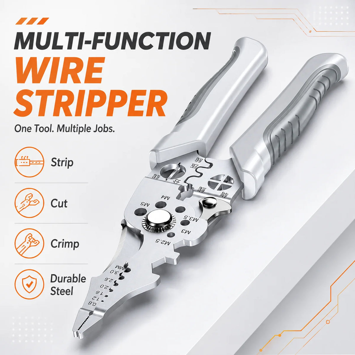 Multi-function wire stripper with features listed on a white background