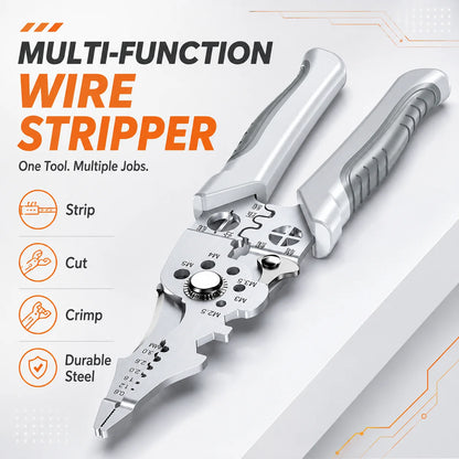 Multi-function wire stripper with features listed on a white background