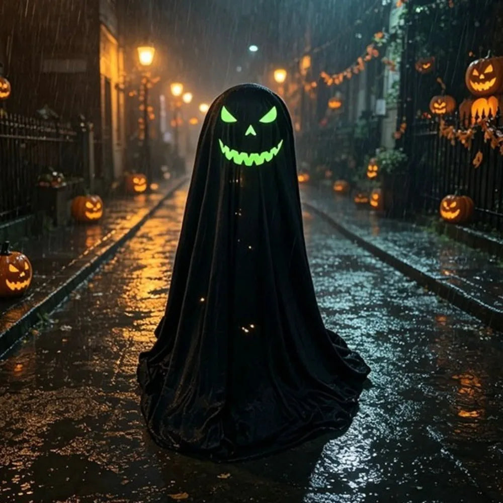A person wearing a black ghost Halloween costume stands on a wet street at night, with glowing green jack-o'-lantern eyes and mouth visible against a rainy Halloween street scene with pumpkins and warm streetlights.
