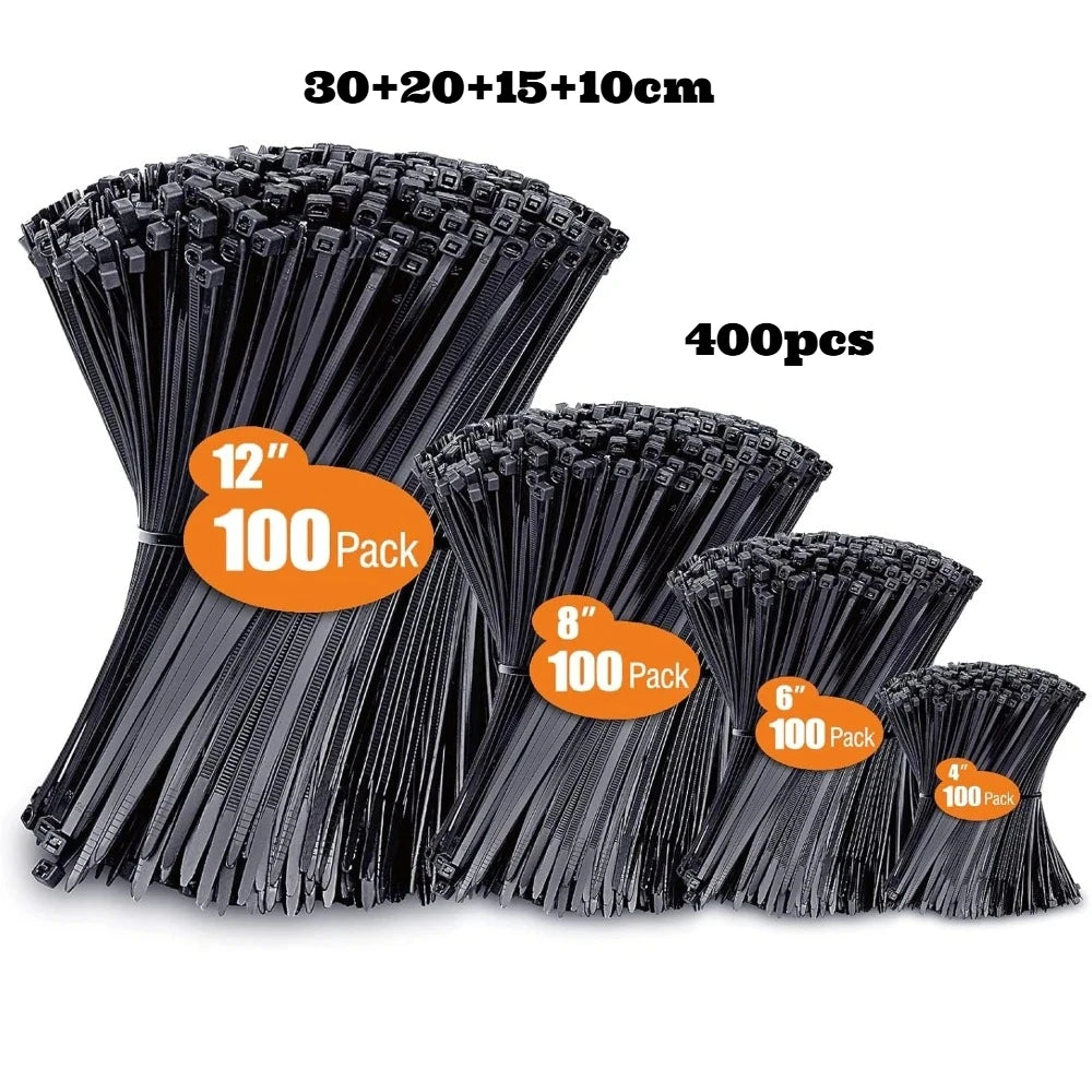 Set of black cable ties with packaging labels on a white background