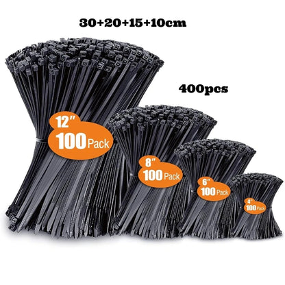 Set of black cable ties with packaging labels on a white background