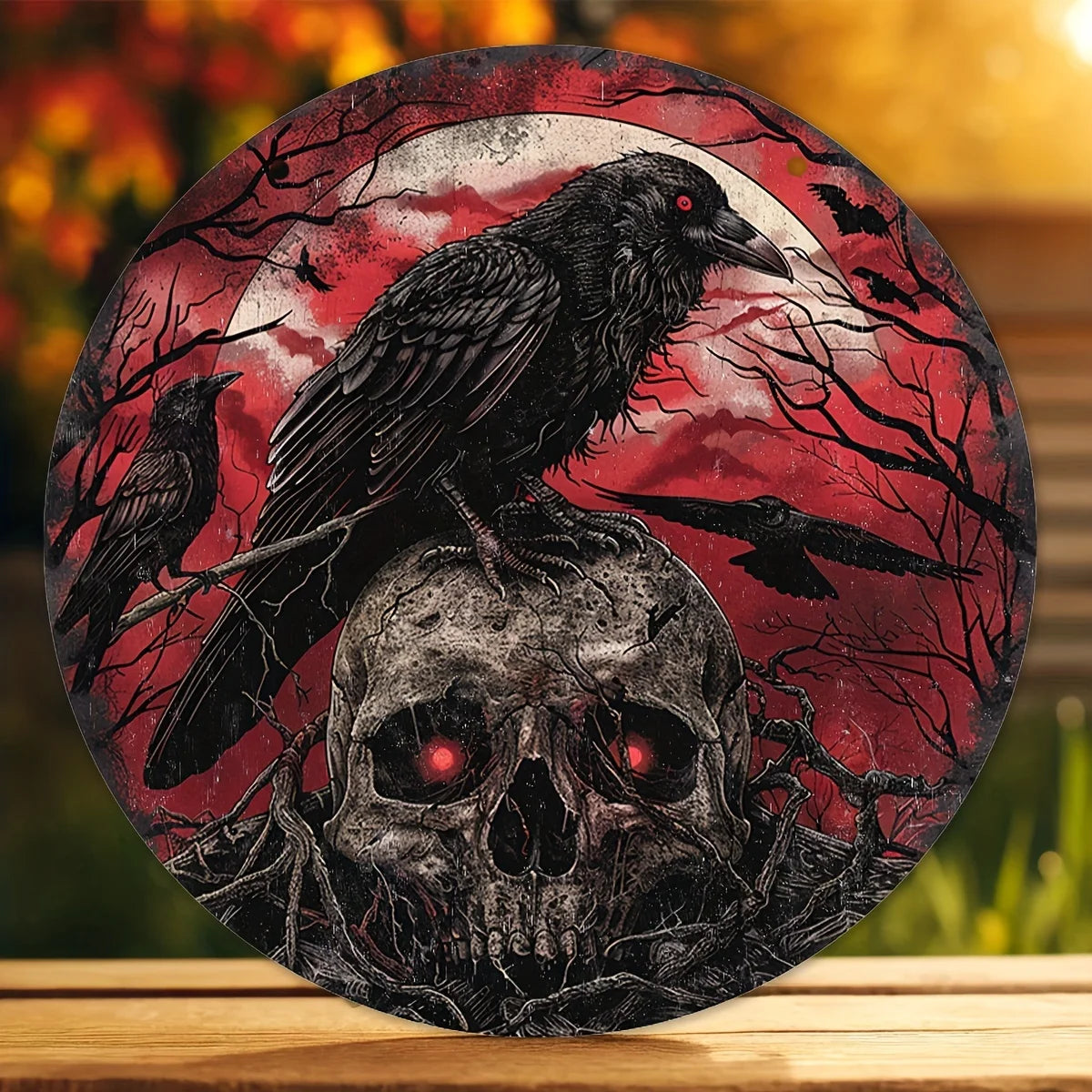 Embrace the eerie with our Halloween Gothic Crow &amp; Skull Decorative Plaque. Summon the daring and fearless side of you and adorn your walls with this chilling décor. This edgy plaque adds just the right amount of spookiness to any room. 