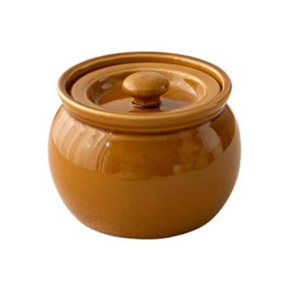 Brown ceramic jar with lid on a white background