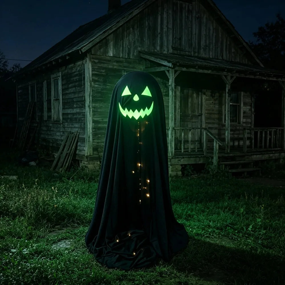 A Halloween ghost decoration draped over a yard in front of an old wooden house at night. The ghost is black with a glowing green jack-o'-lantern face and small warm lights visible through the center.