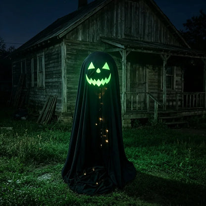 A Halloween ghost decoration draped over a yard in front of an old wooden house at night. The ghost is black with a glowing green jack-o'-lantern face and small warm lights visible through the center.