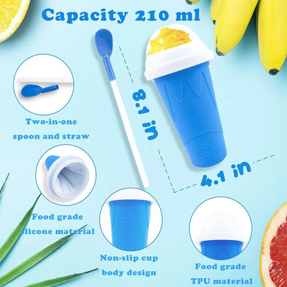 Blue children's cup with spoon and straw on a light blue background with fruits and measurements.