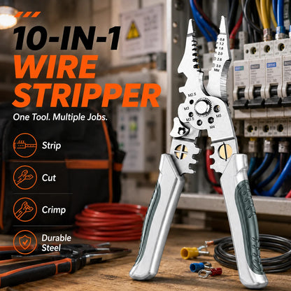 10-in-1 wire stripper tool on a workbench with electrical components in the background