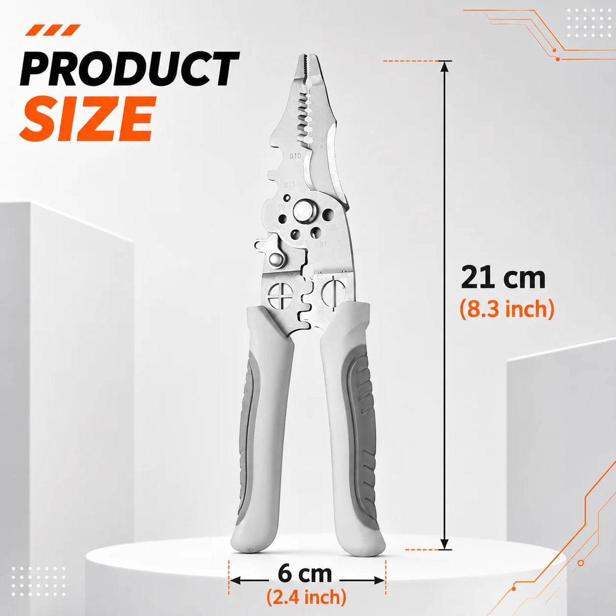 Pliers with measurements on a white background