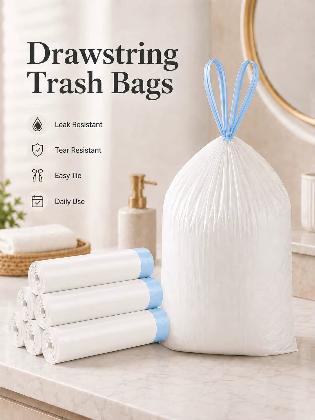 Heavy Duty Scented 1ML White Trash Bags With Blue Drawstrings