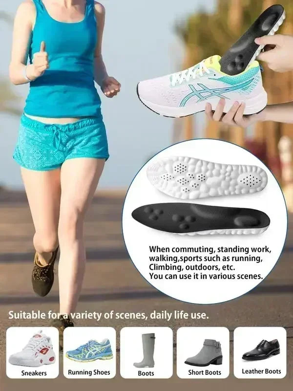Person running with a focus on athletic shoes and insoles, with text about their versatility.