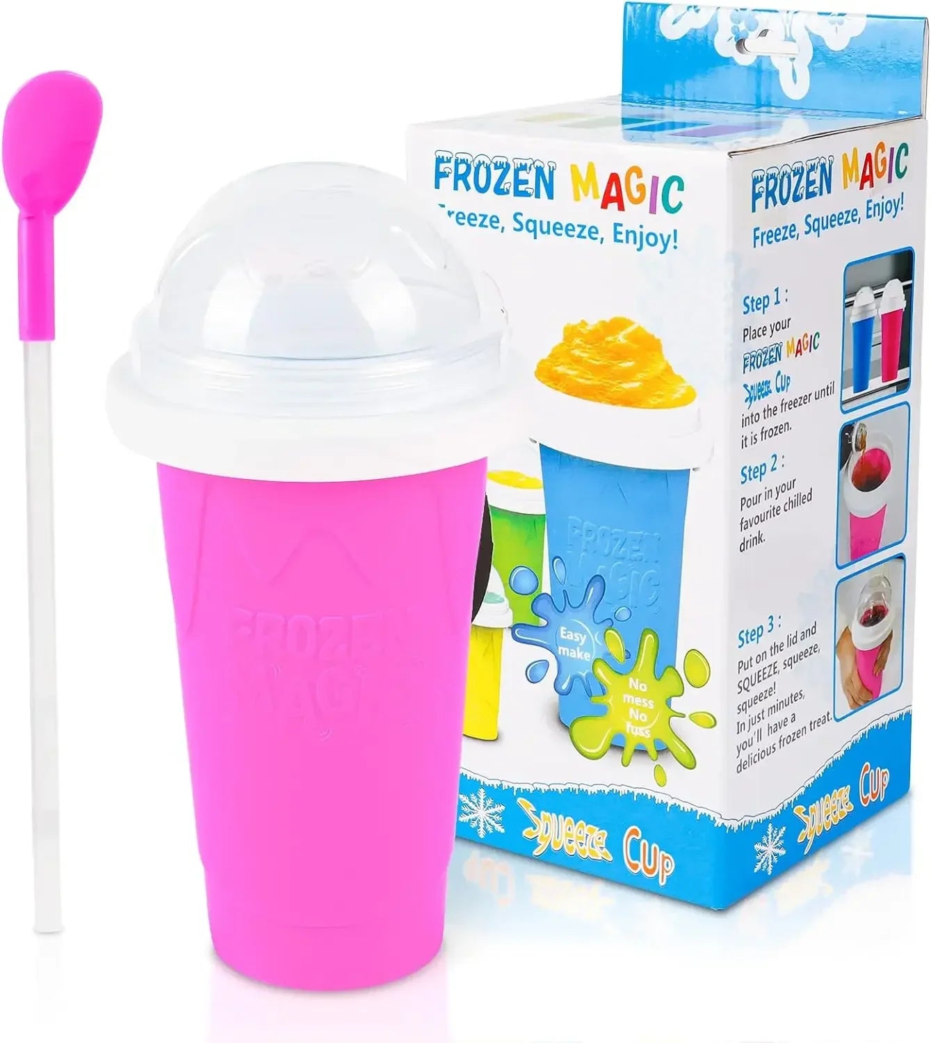 Pink 'Frozen Magic' squeeze cup with spoon and packaging on a white background