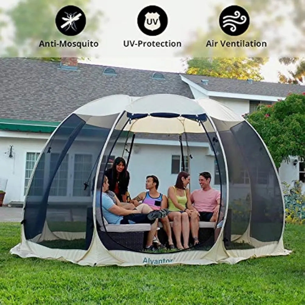 Enjoy the outdoors with this must-have hexagon screen canopy. Perfect for camping, picnics, backyards, and parties, it provides a sturdy and comfortable outdoor space to enjoy with friends and family. 