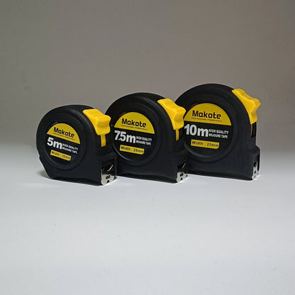 Three Makate tape measures with different measurement ranges on a gray background