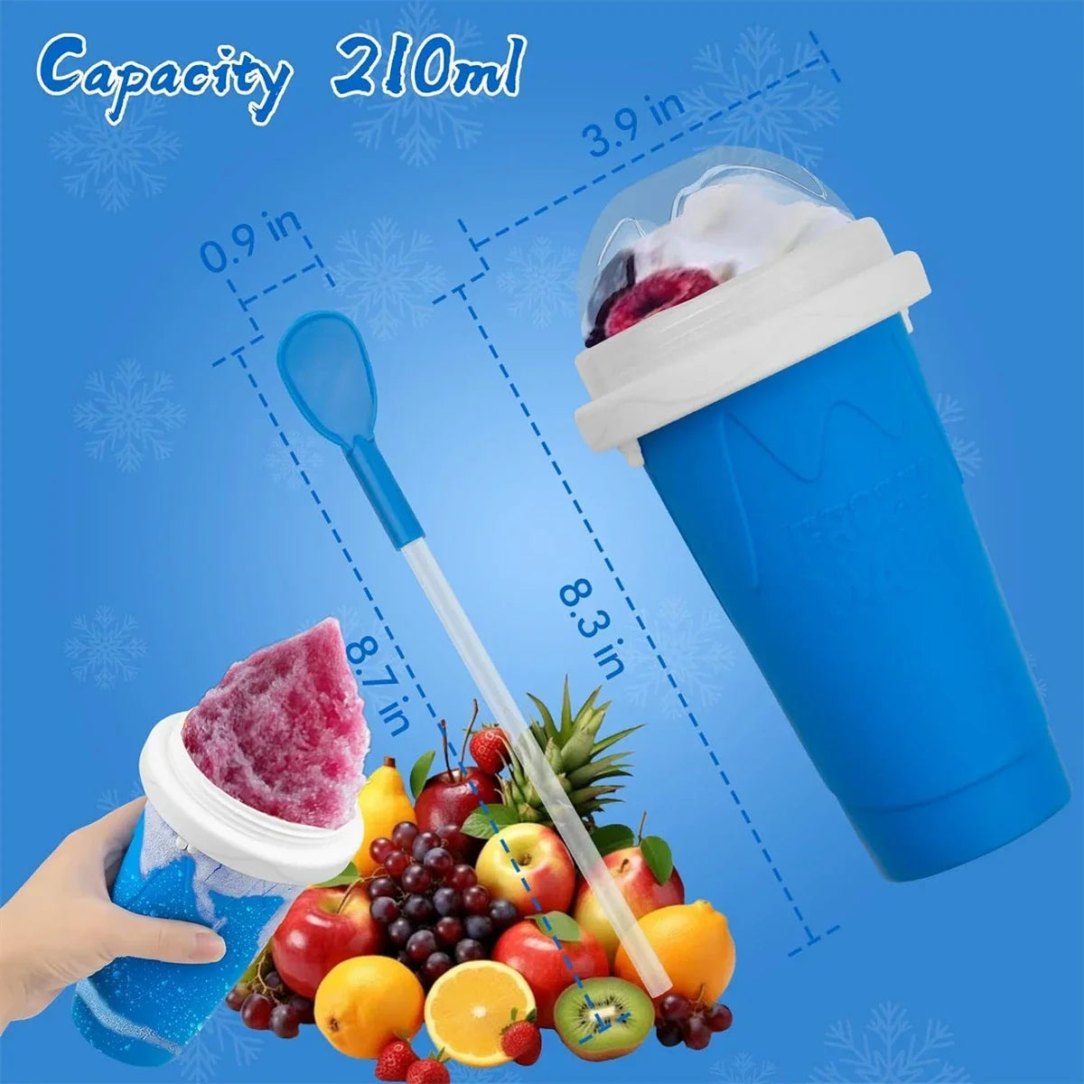 Blue slushie maker with a scoop and fruit, showing capacity and dimensions on a blue background.
