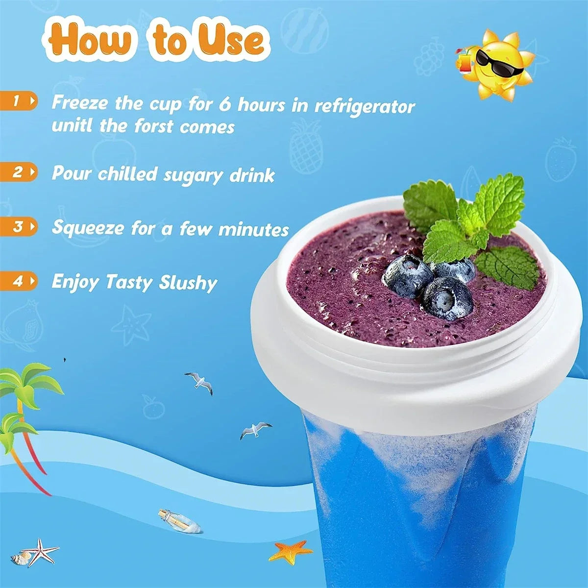 Instructions for making a slushy with a purple slushy in a cup on a blue background.