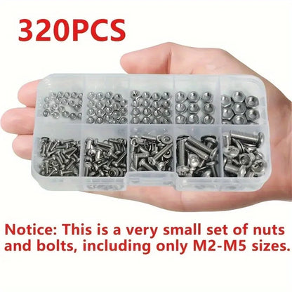 Hand holding a small box of screws and bolts with text indicating quantity and size range.