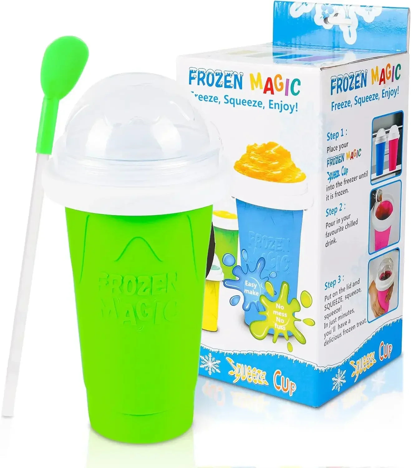 Green 'Frozen Magic' squeeze cup with packaging on a white background