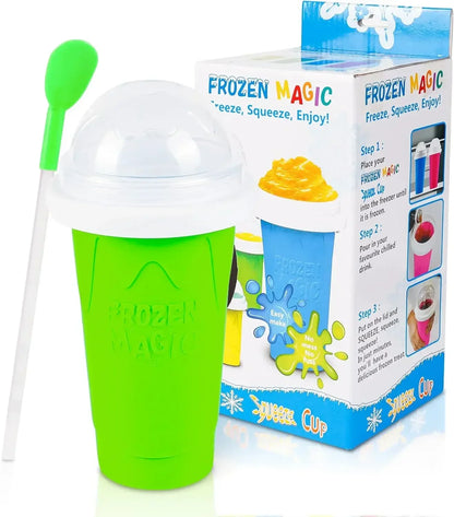 Green 'Frozen Magic' squeeze cup with packaging on a white background