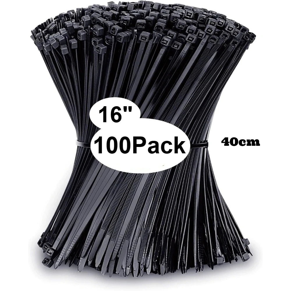 100-pack of black cable ties with measurements on a white background