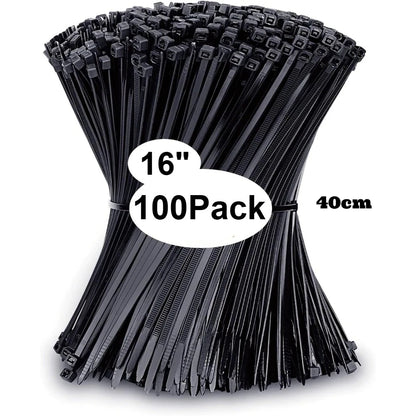 100-pack of black cable ties with measurements on a white background