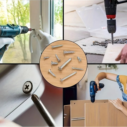 Collage of screws being used with various tools and activities, highlighting their versatility.