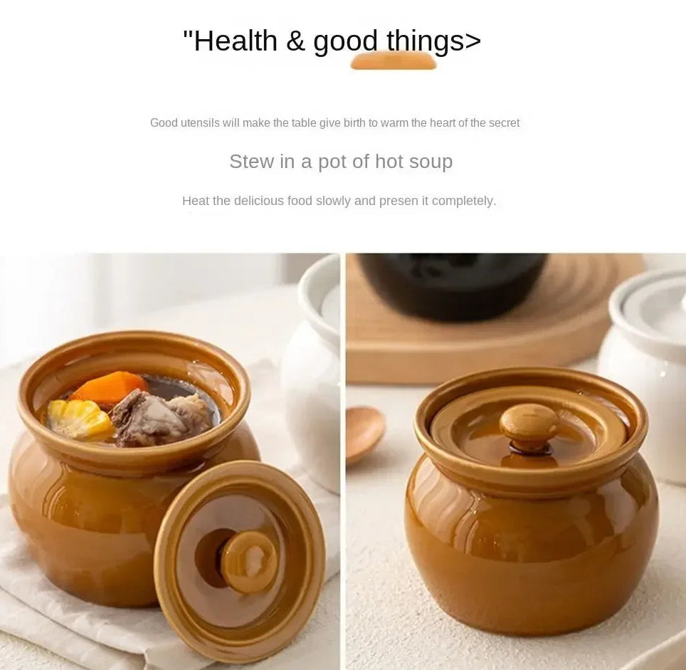 Ceramic pot with food inside on a white background, featuring text about health and good things.