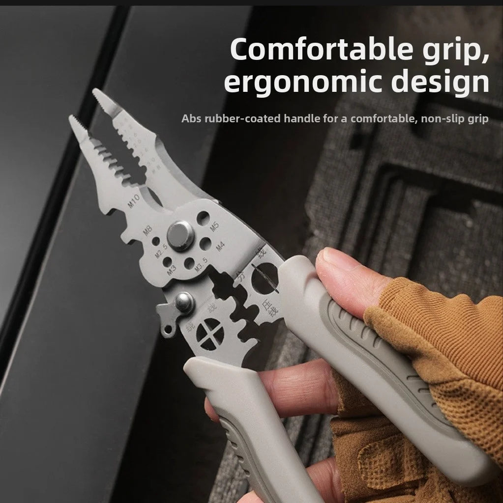 Multitool plier with ergonomic design held by a hand, against a blurred background.
