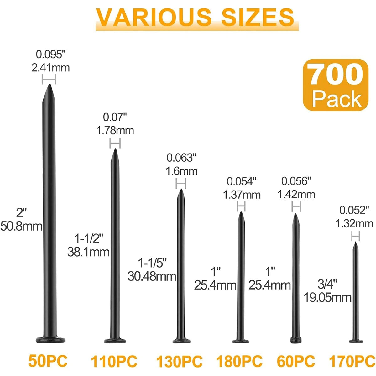 A size comparison chart for black metal ground nails showing different tip diameters and lengths with quantity labels: 50PC for 2" (50.8mm), 110PC for 1-1/2" (38.