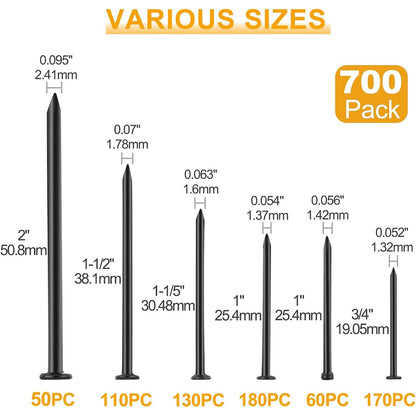A size comparison chart for black metal ground nails showing different tip diameters and lengths with quantity labels: 50PC for 2" (50.8mm), 110PC for 1-1/2" (38.
