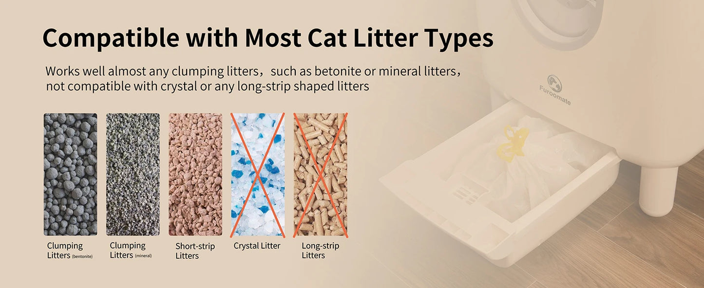 Cat litter product compatibility with various types of cat litter on a blurred background