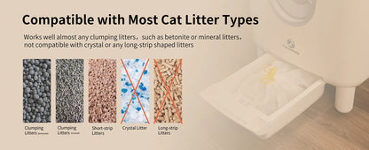 Cat litter product compatibility with various types of cat litter on a blurred background
