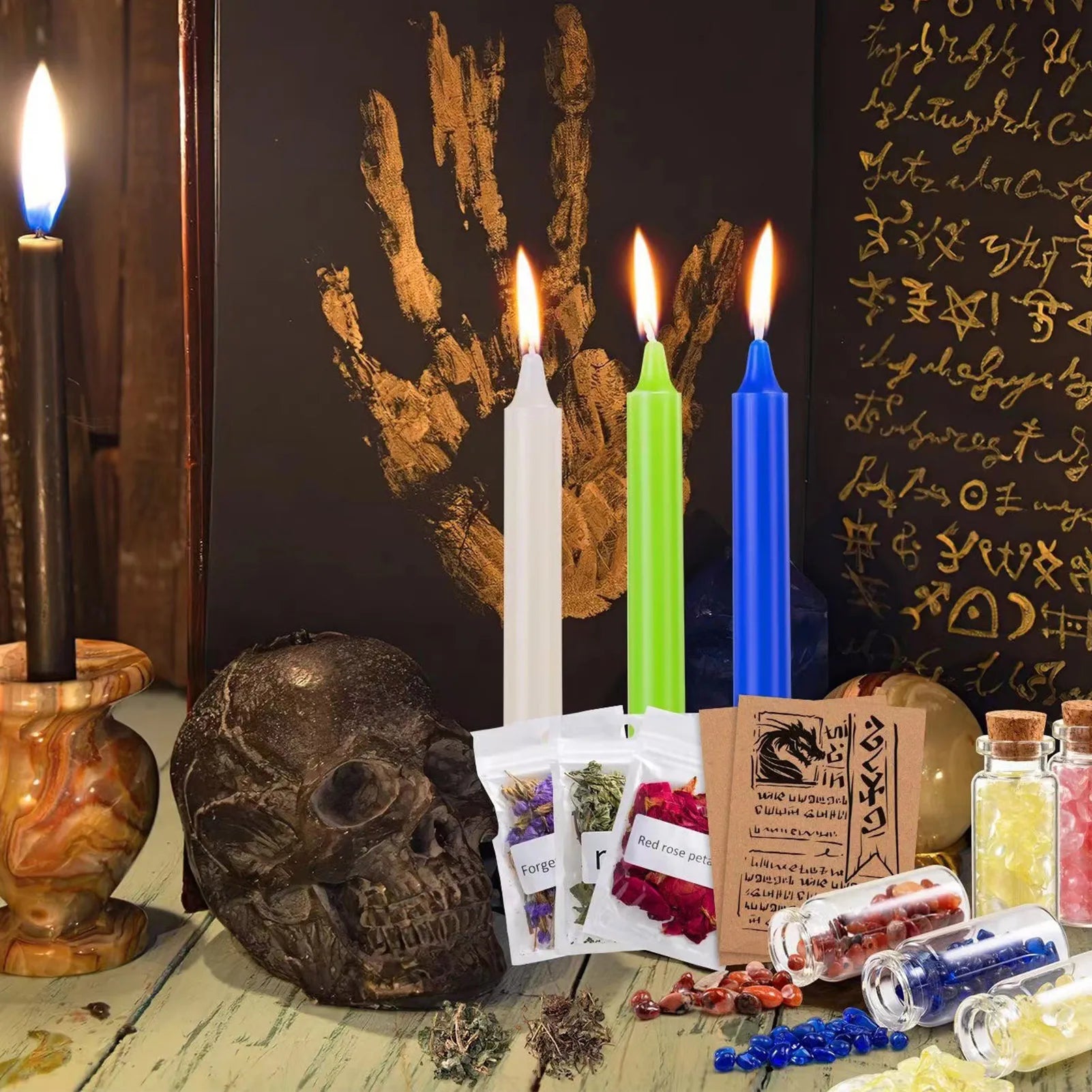 Think of what you want to bring into your life, this witchcraft kit will help you. This rich witch collection includes 10 mini gemstone bottles, 10 magical dried herbs, 10 colored candles, 5 parchments. Happy spell-casting!&nbsp;