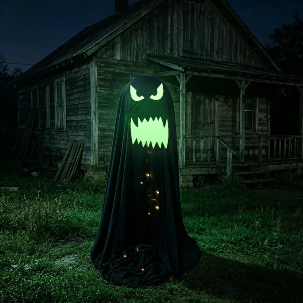 A black ghost Halloween decoration with glowing green eyes and a jagged glowing green mouth, standing in a grassy yard at night in front of an old wooden house.