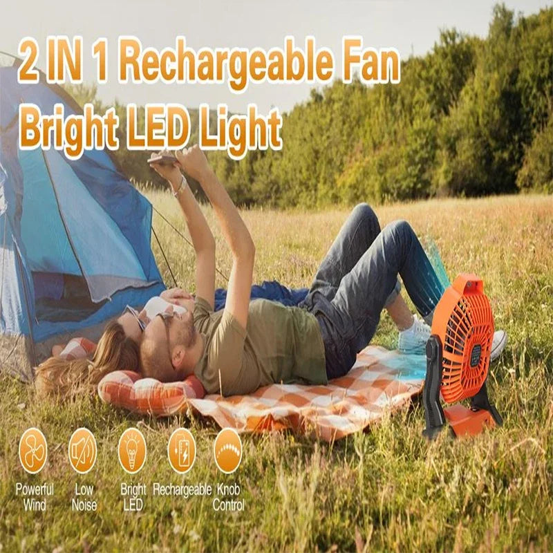 Stay cool and comfortable on-the-go with our Portable Rechargeable Quiet Fan! This fan not only provides a refreshing breeze, but also has a built-in LED light and hanging hook for added convenience. Say goodbye to noisy fans and hello to a peaceful, well-lit environment. Perfect for camping, outdoor events, and more.
