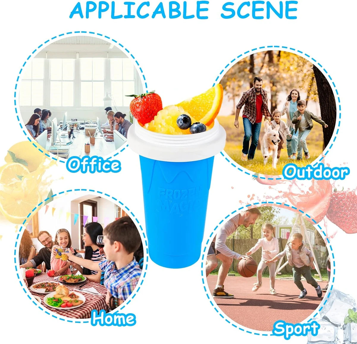Blue and white cup with fruit on a white background, surrounded by scenes labeled Office, Home, Outdoor, and Sport.