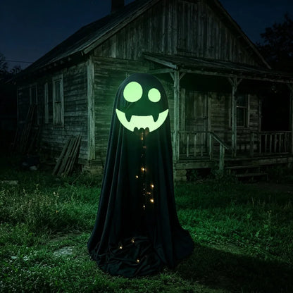 A Halloween ghost costume standing in a grassy yard at night in front of an old wooden house. The costume is black with a glowing green face and small warm lights hanging down the front.